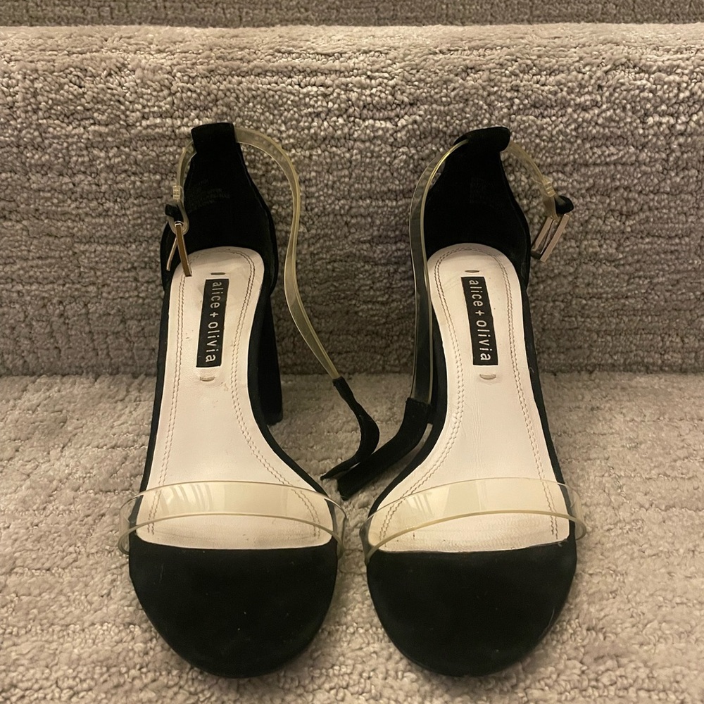 ALICE + OLIVIA Lillian Heel: Black Suede & Clear Strap (Size 6) USED